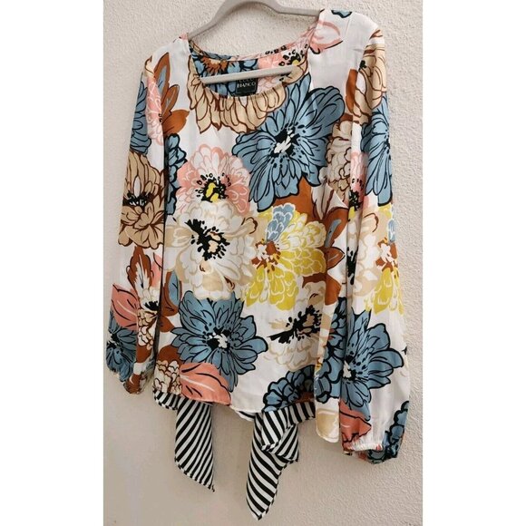 Coco Bianco White Multi-Colored Round Neck Long Sleeve Pullover Blouse sz L - Picture 2 of 8